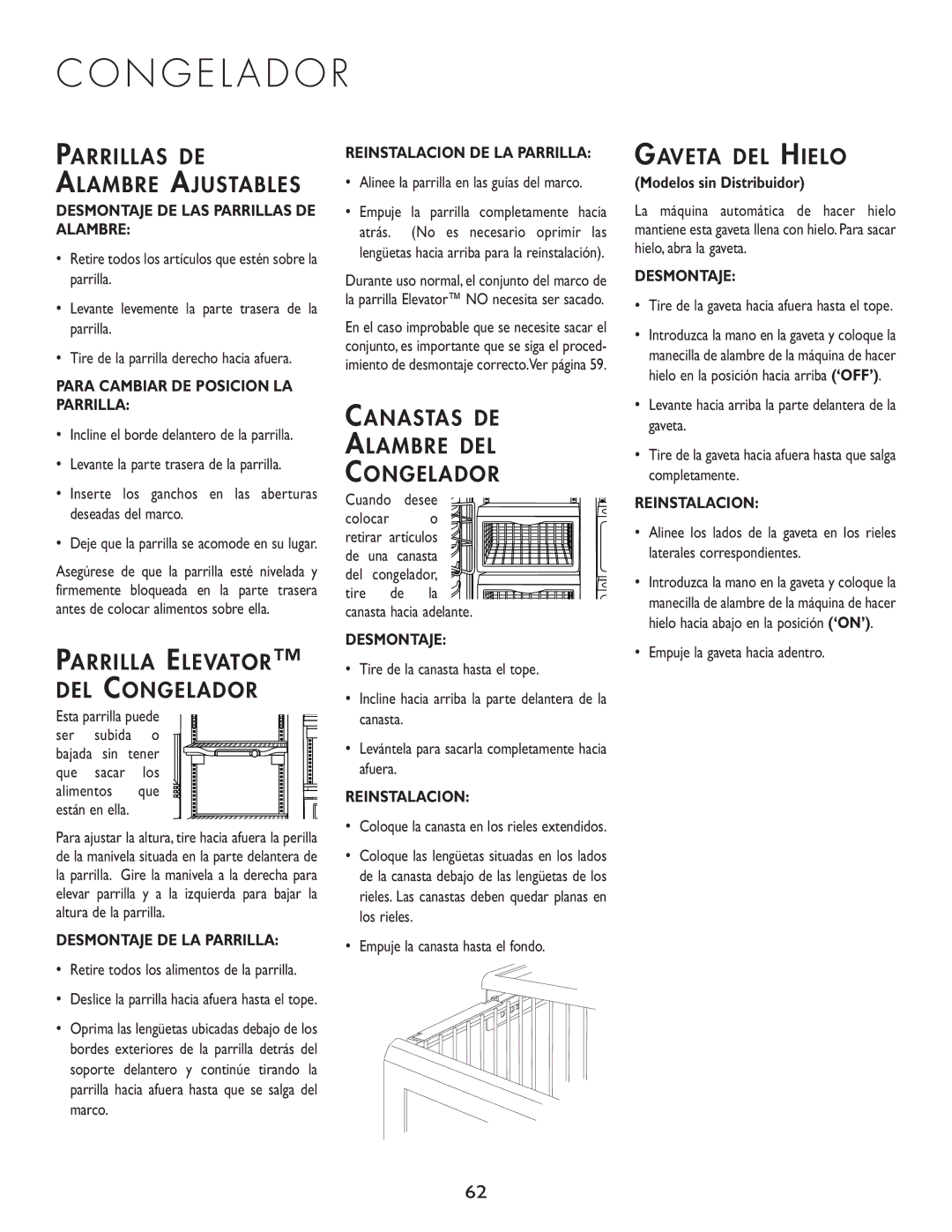 Cuno 111405-1 manual N G E L a D O R, Parrillas DE Alambre Ajustables, Canastas DE Alambre DEL Congelador, Gaveta DEL Hielo 