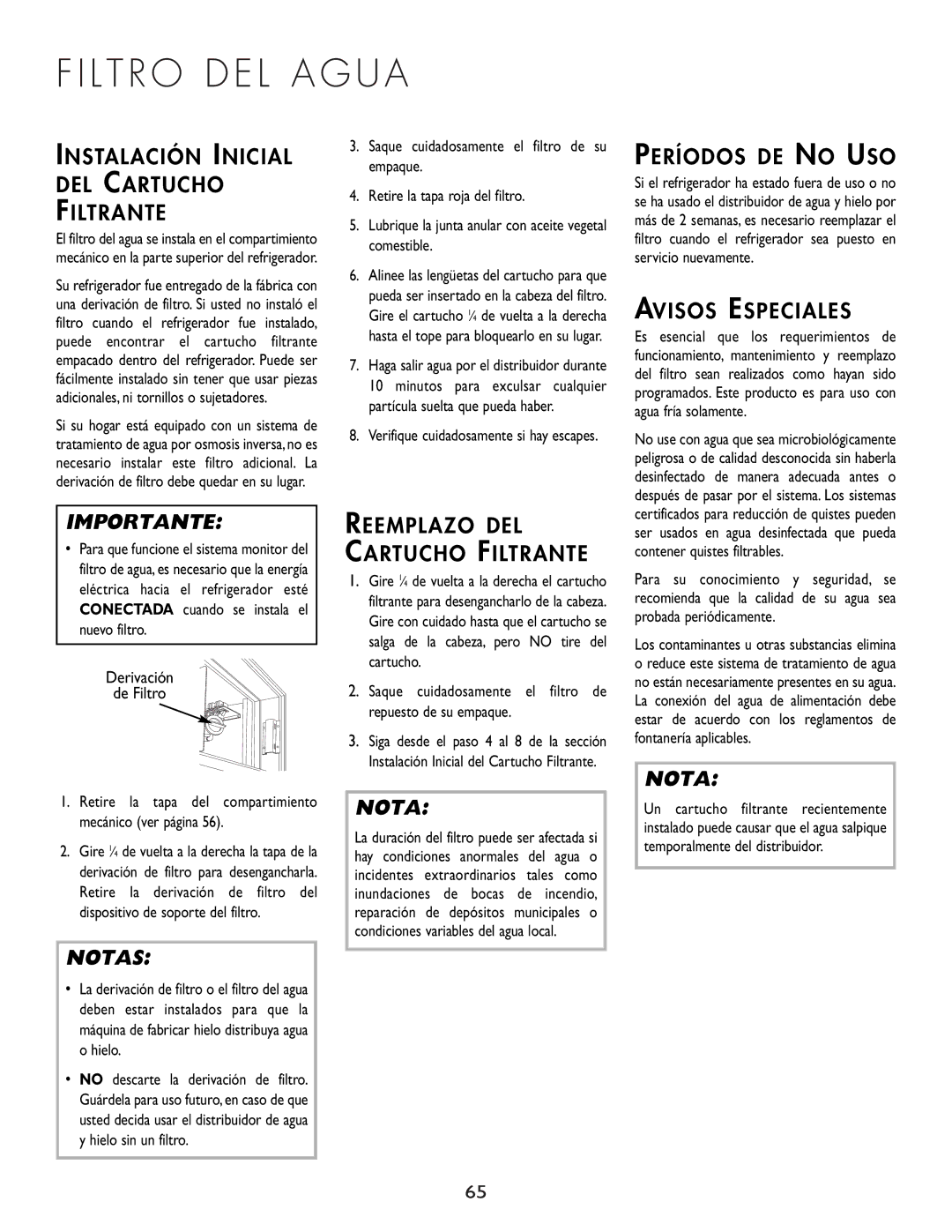 Cuno 111405-1 L T R O D E L a G U a, Instalación Inicial DEL Cartucho Filtrante, Períodos DE no USO, Avisos Especiales 