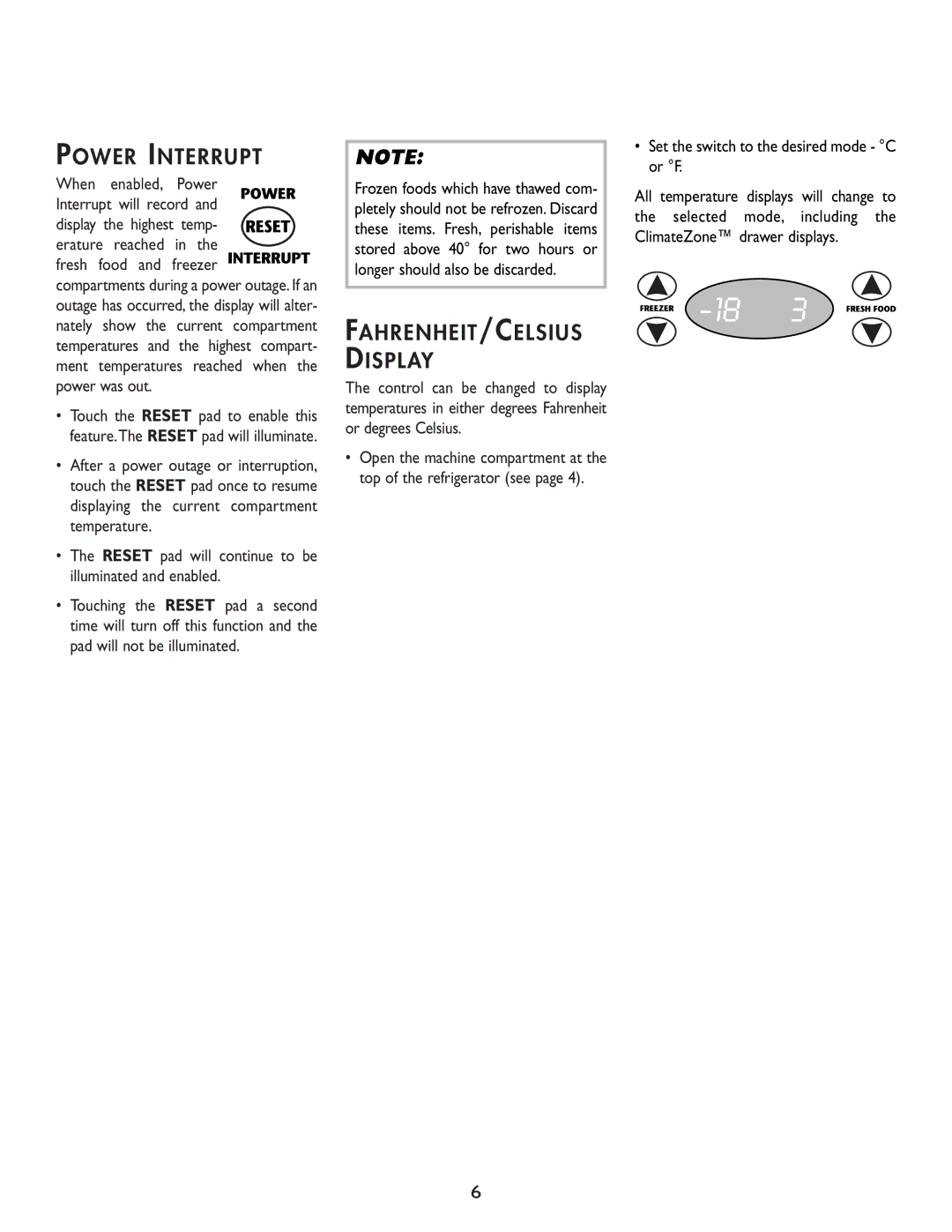 Cuno 111405-1 manual Power Interrupt, FAHRENHEIT/CELSIUS Display, Set the switch to the desired mode C or F 