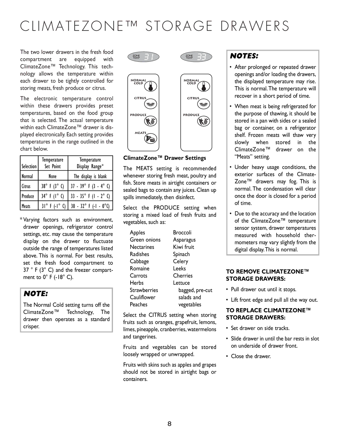 Cuno 111405-1 manual Citrus, Meats, Cauliflower Salads Peaches Vegetables, Set drawer on side tracks 