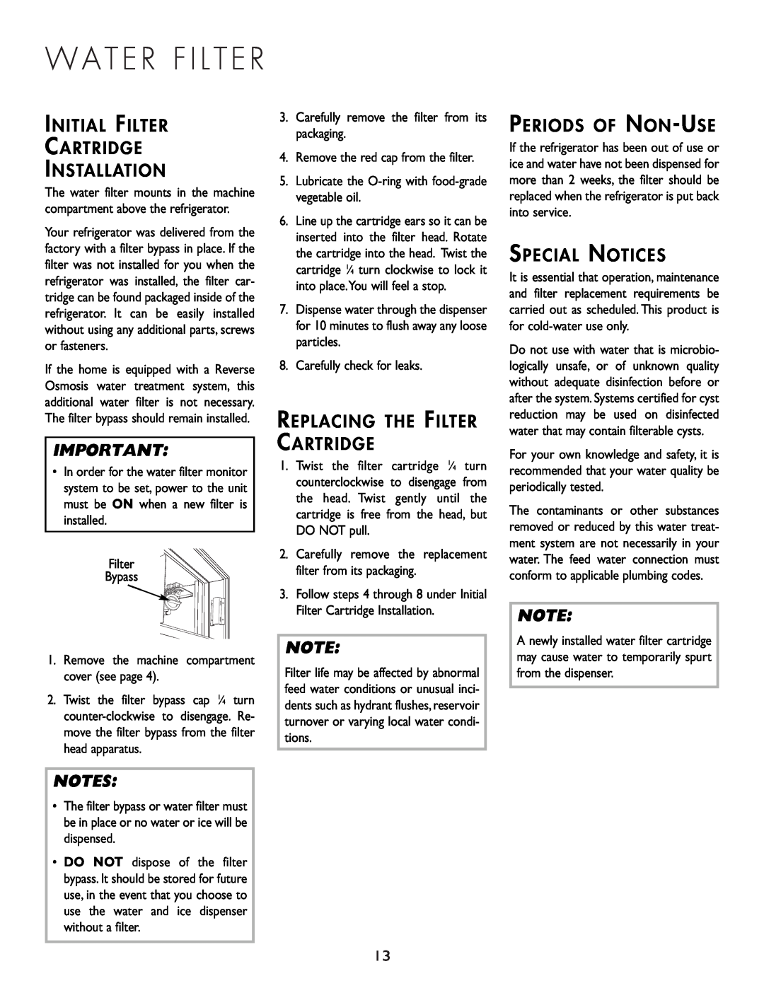 Cuno 111405-1 manual W A T E R F I L T E R, Initial Filter Cartridge Installation, Replacing The Filter Cartridge, Notes 