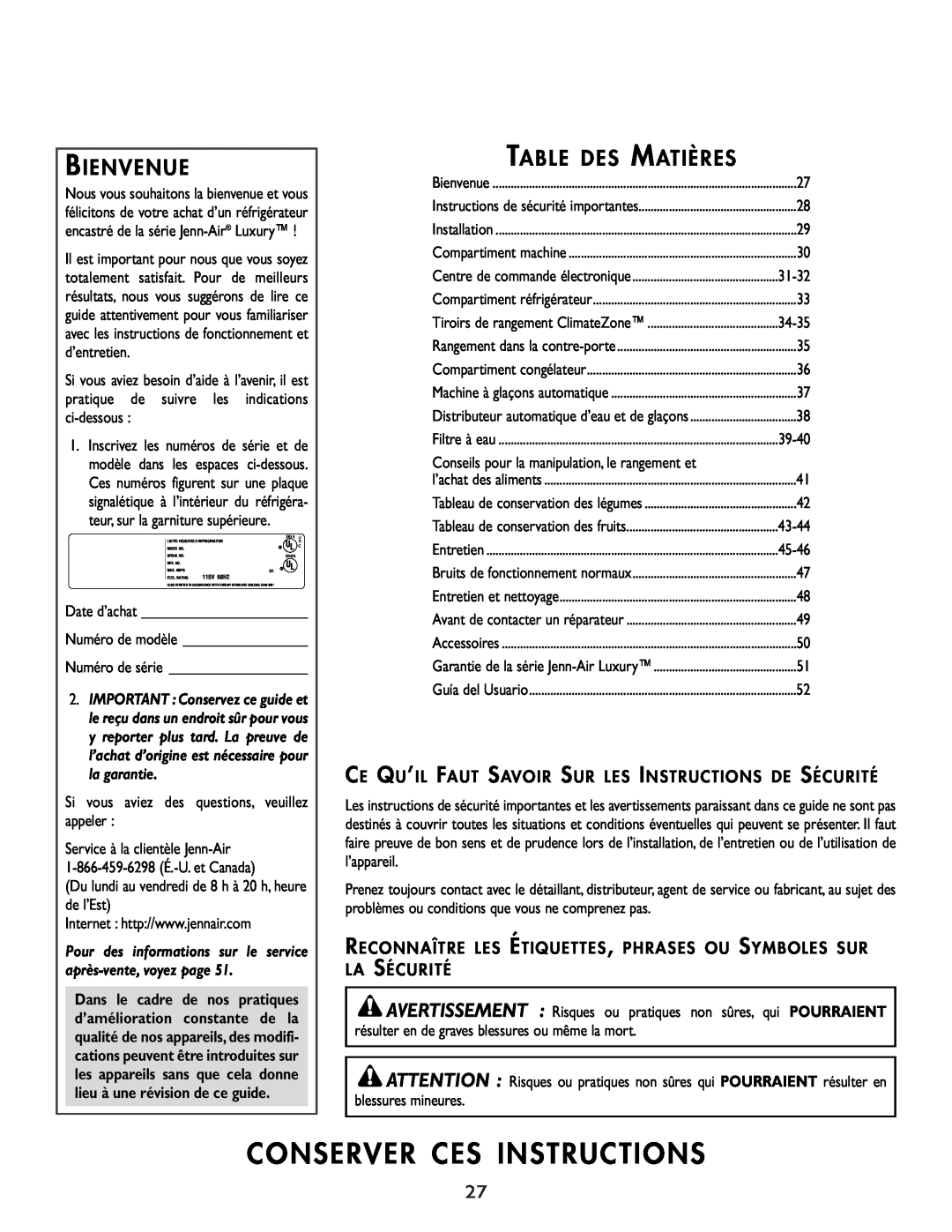 Cuno 111405-1 manual Conserver Ces Instructions, Bienvenue, Table Des Matières 