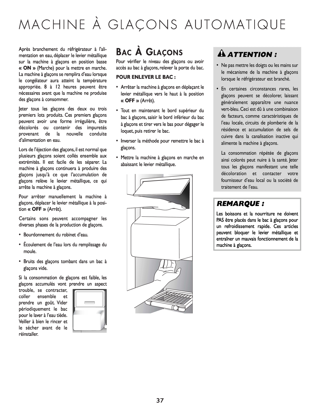 Cuno 111405-1 manual Bac À Glaçons, Remarque, Pour Enlever Le Bac 
