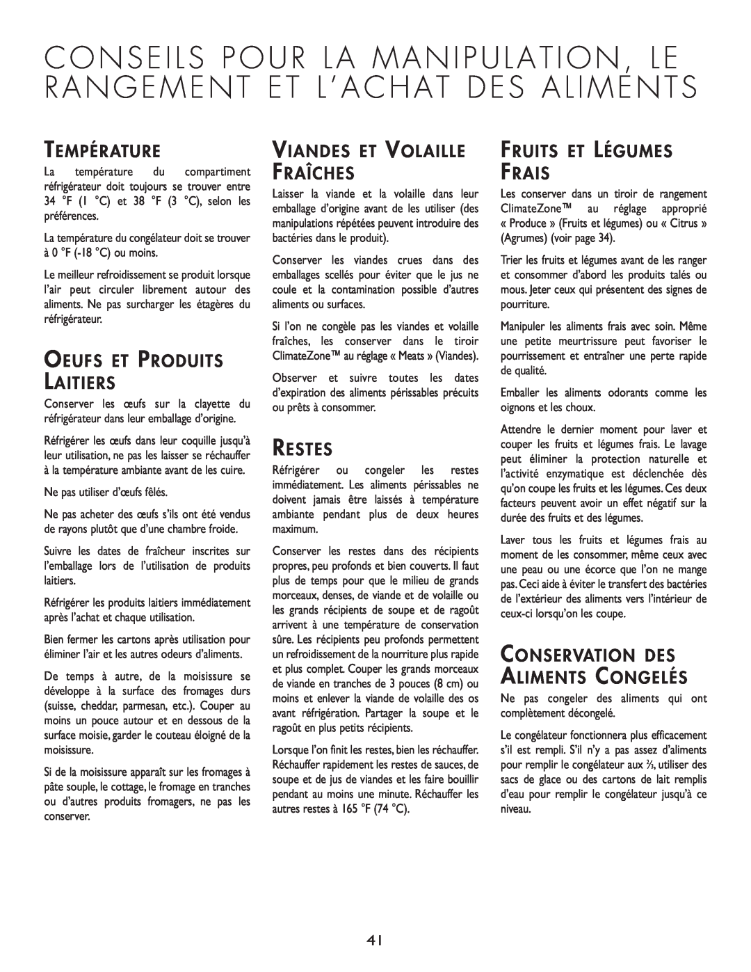 Cuno 111405-1 manual Température, Oeufs Et Produits Laitiers, Viandes Et Volaille Fraîches, Restes, Fruits Et Légumes Frais 
