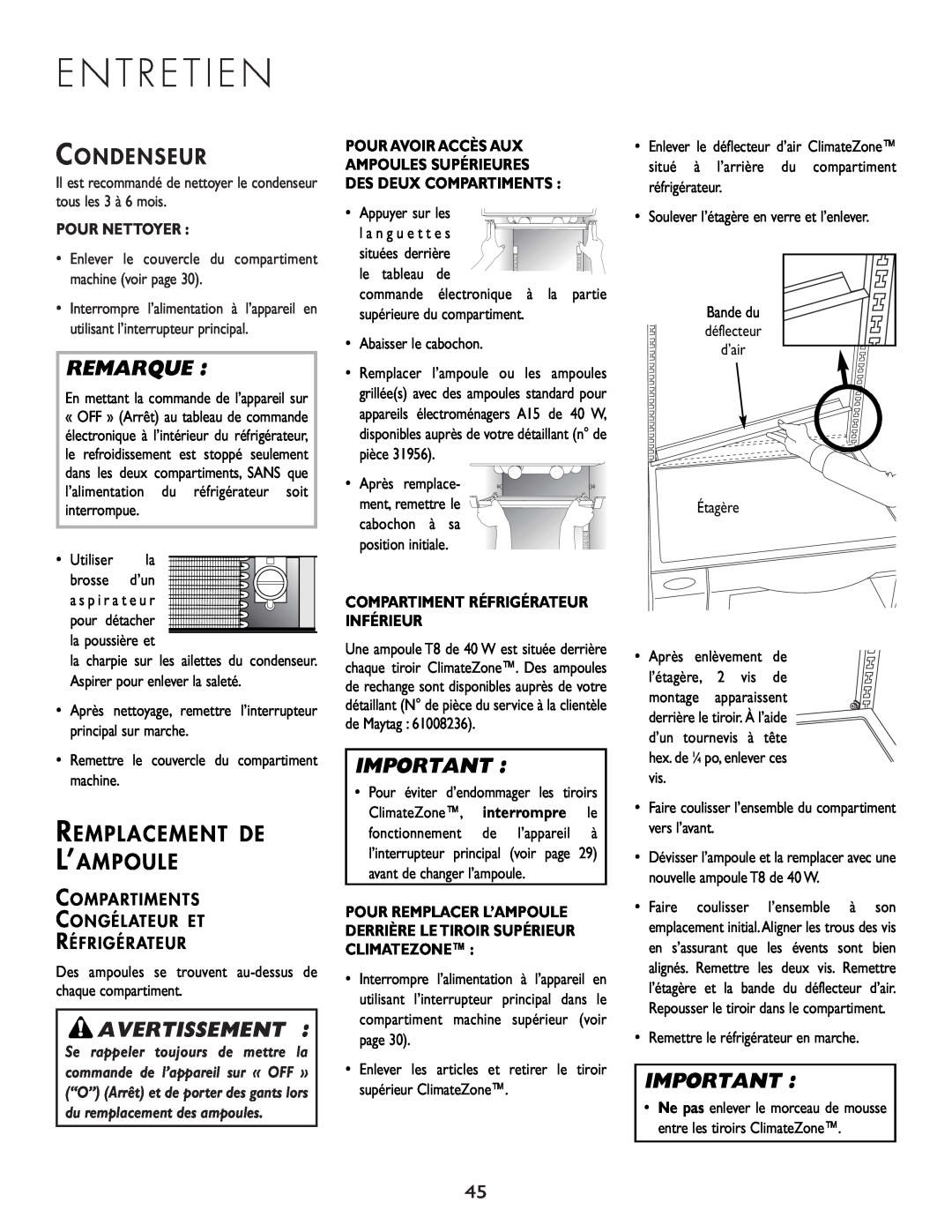 Cuno 111405-1 manual E N T R E T I E N, Avertissement, Condenseur, Remplacement De L’Ampoule, Remarque, Pour Nettoyer 