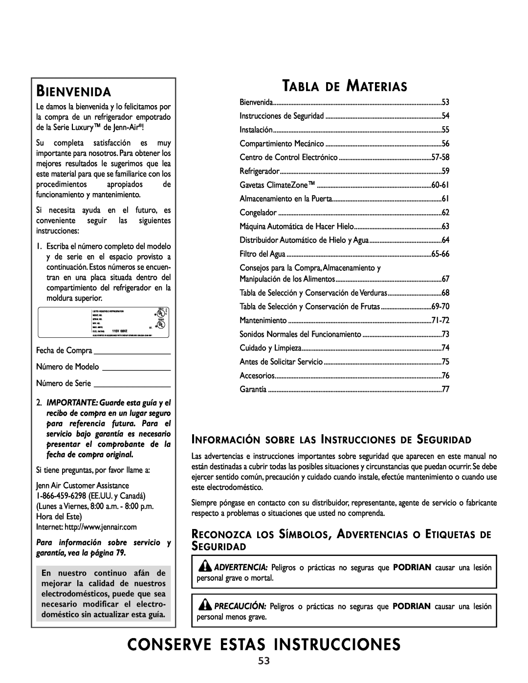 Cuno 111405-1 manual Conserve Estas Instrucciones, Bienvenida, Tabla De Materias 