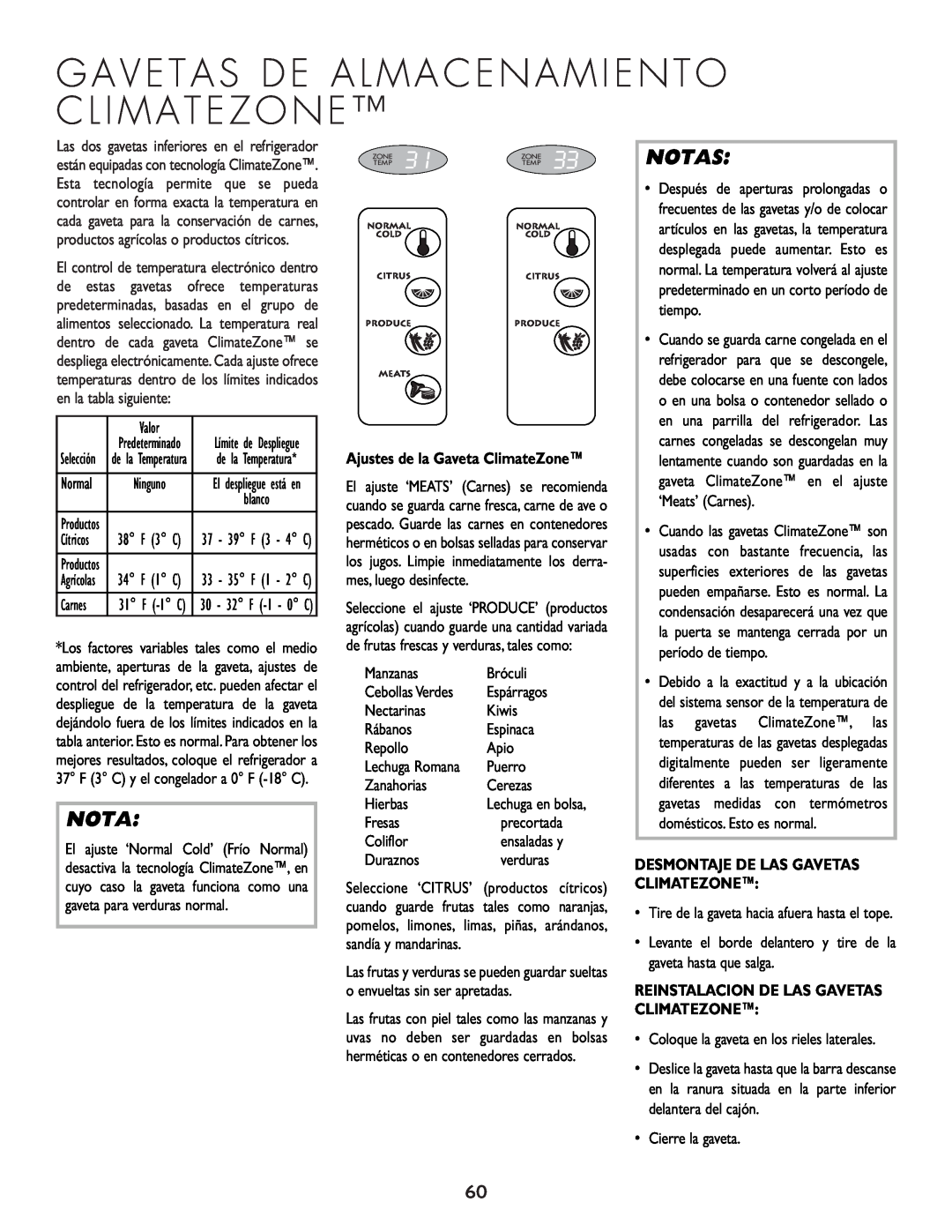 Cuno 111405-1 manual Notas, Desmontaje De Las Gavetas Climatezone, Reinstalacion De Las Gavetas Climatezone 