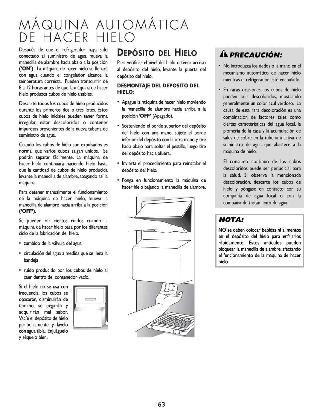 Cuno 111405-1 manual Depósito Del Hielo, Precaución, Nota, Desmontaje Del Deposito Del Hielo 