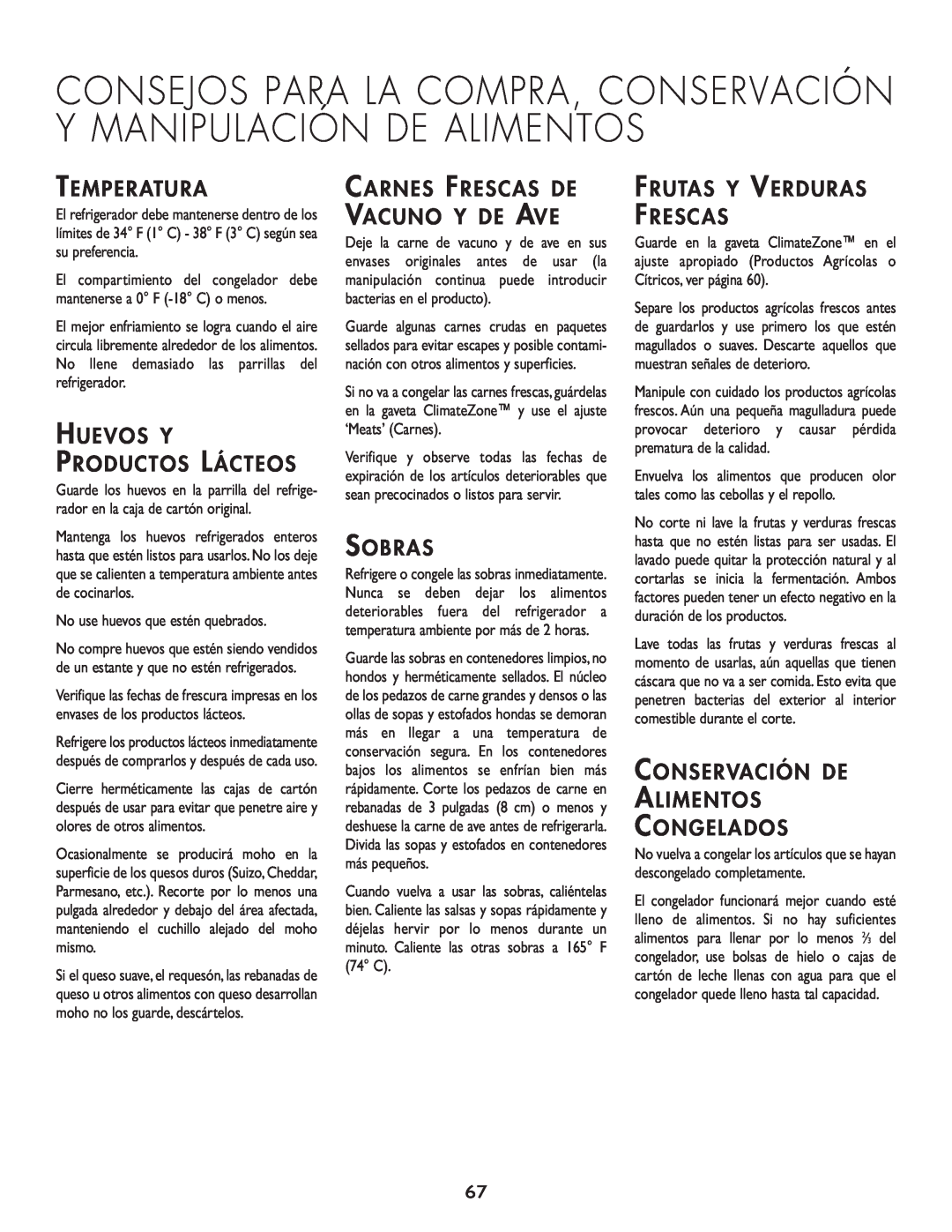 Cuno 111405-1 manual Temperatura, Huevos Y Productos Lácteos, Carnes Frescas De Vacuno Y De Ave, Sobras 