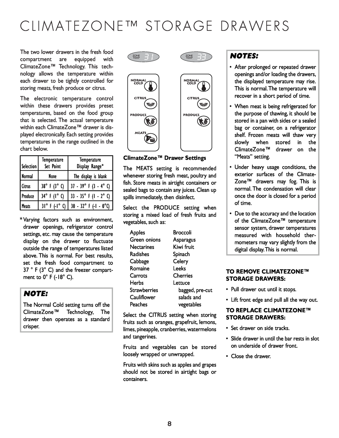 Cuno 111405-1 manual Notes, ClimateZone Drawer Settings 
