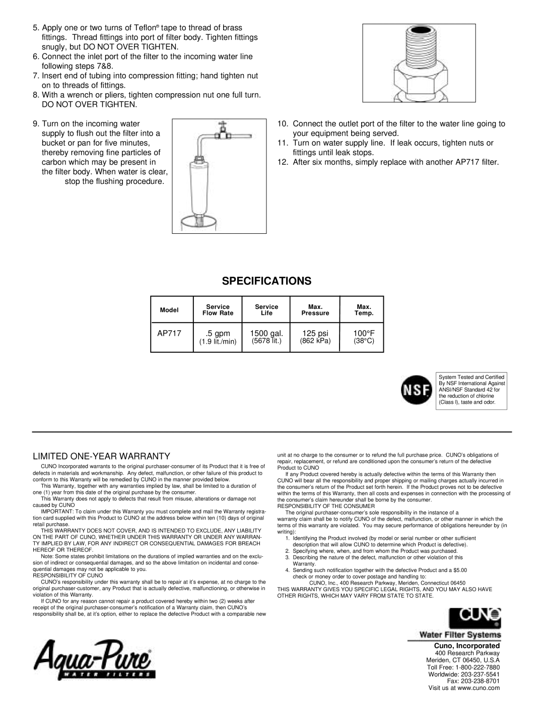 Cuno AP717 manual Specifications, Do not Over Tighten 