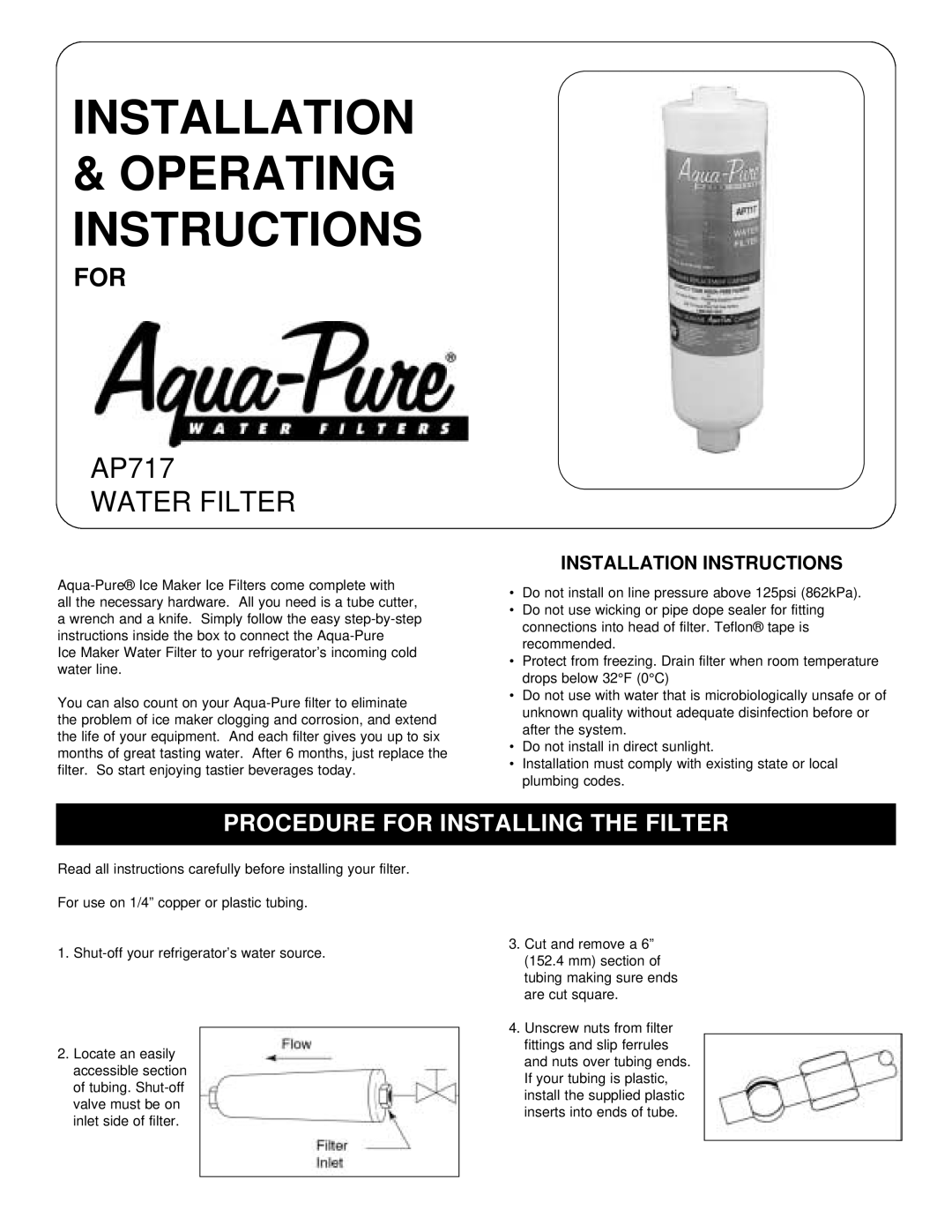 Cuno manual Installation Instructions, Installation Operating Instructions, AP717 WATER FILTER 