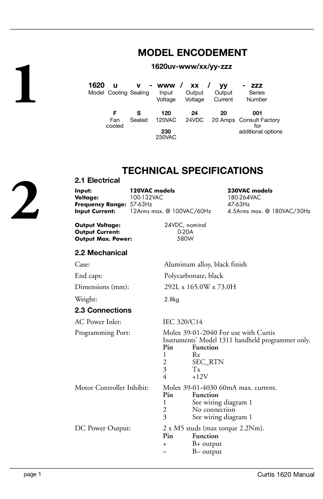 Curtis 1620S manual Model Encodement, Technical Specifications 