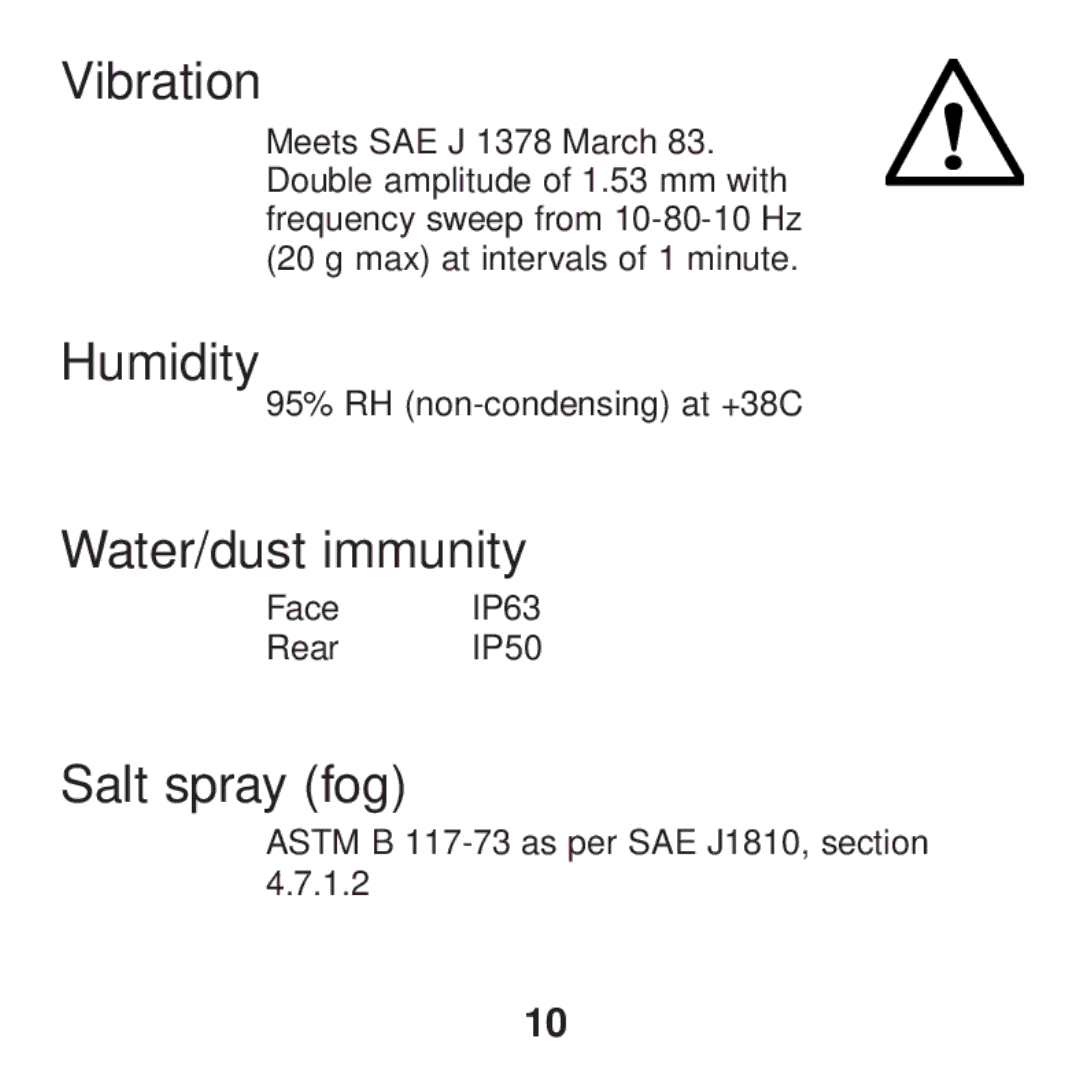 Curtis 2200R, 2100R manual Vibration, Humidity, Water/dust immunity, Salt spray fog 