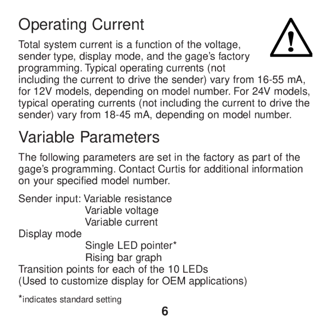 Curtis 2200R, 2100R manual Operating Current, Variable Parameters 