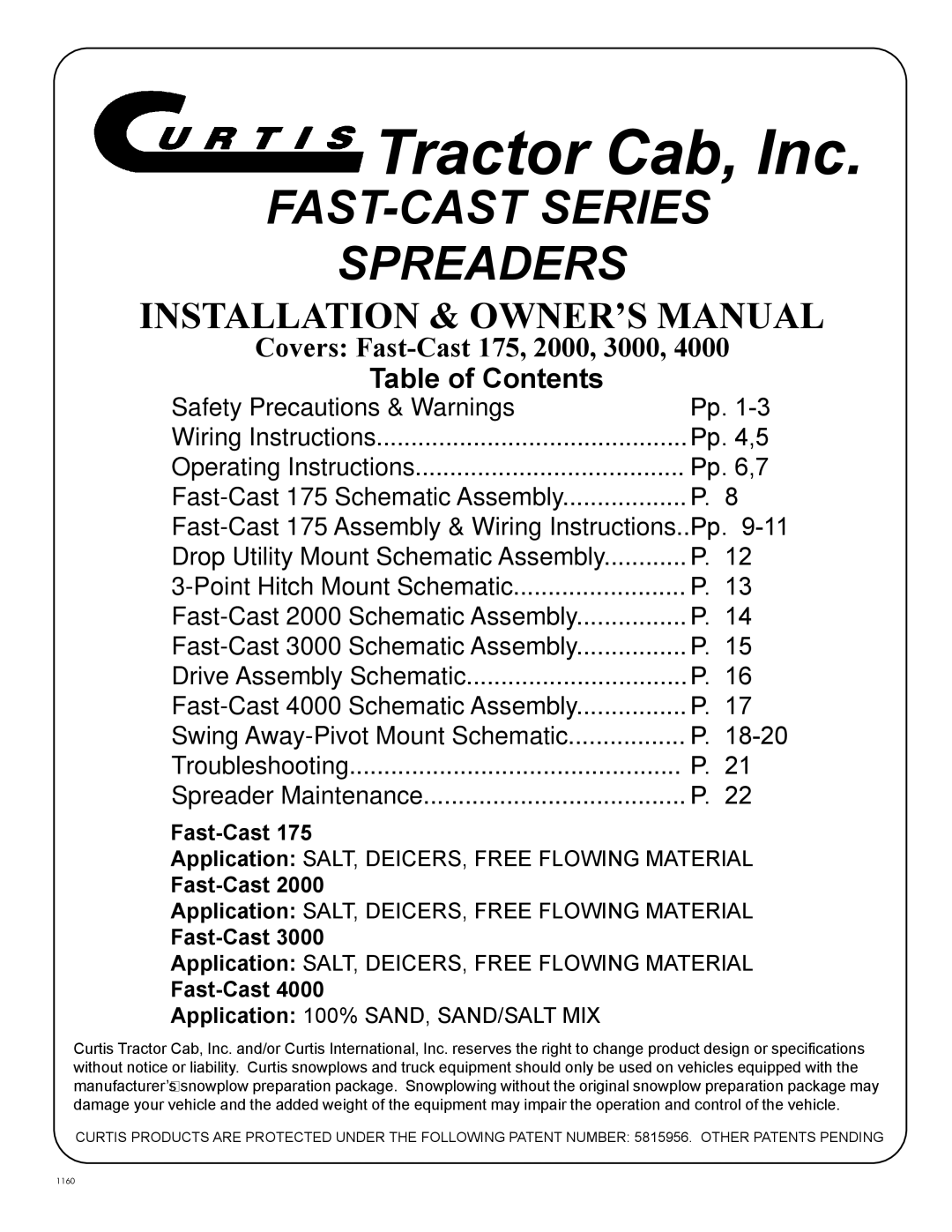 Curtis 175, 3000, 2000, 4000 owner manual Tractor Cab, Inc, Table of Contents 