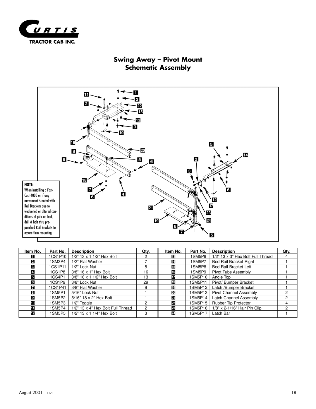 Curtis 4000, 3000, 175, 2000 owner manual Swing Away Pivot Mount Schematic Assembly 