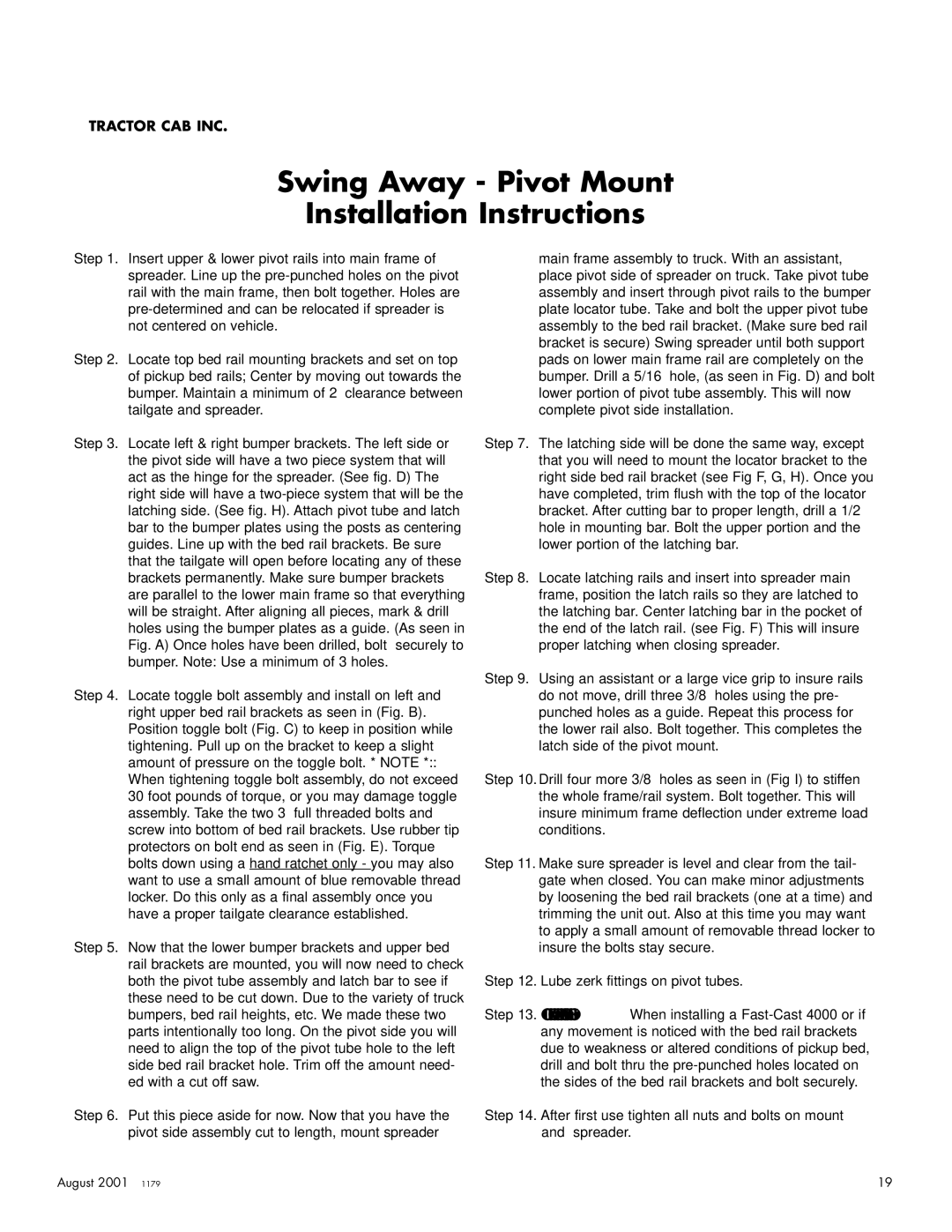 Curtis 3000, 175, 2000, 4000 owner manual Swing Away Pivot Mount Installation Instructions 