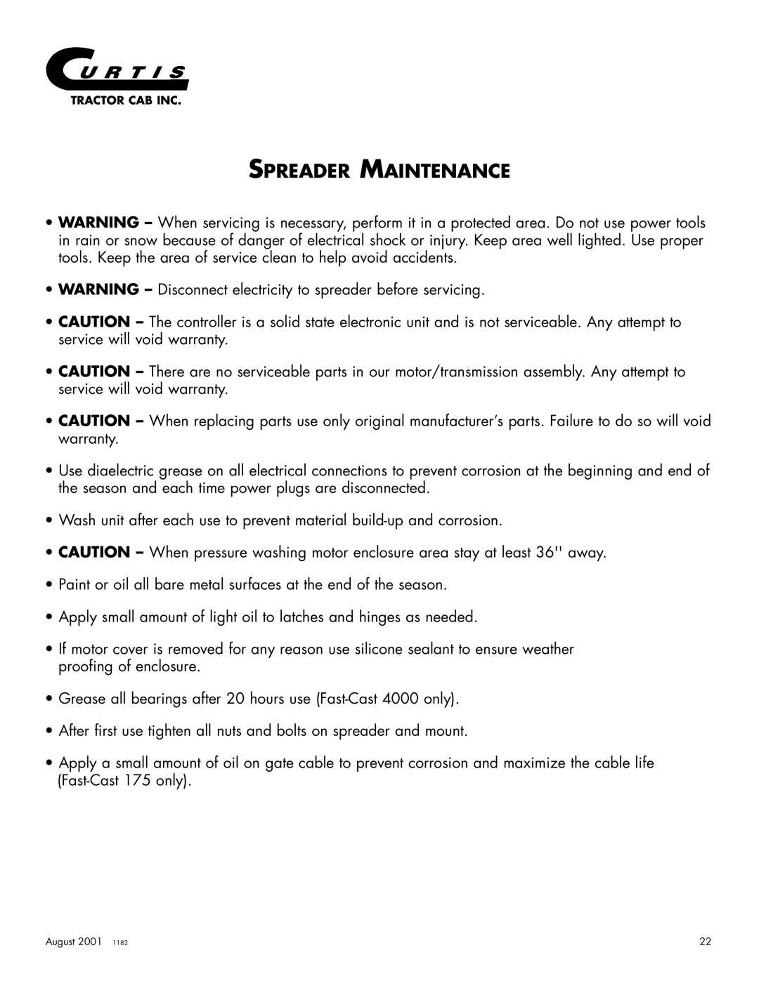 Curtis 4000, 3000, 175, 2000 owner manual Spreader Maintenance 