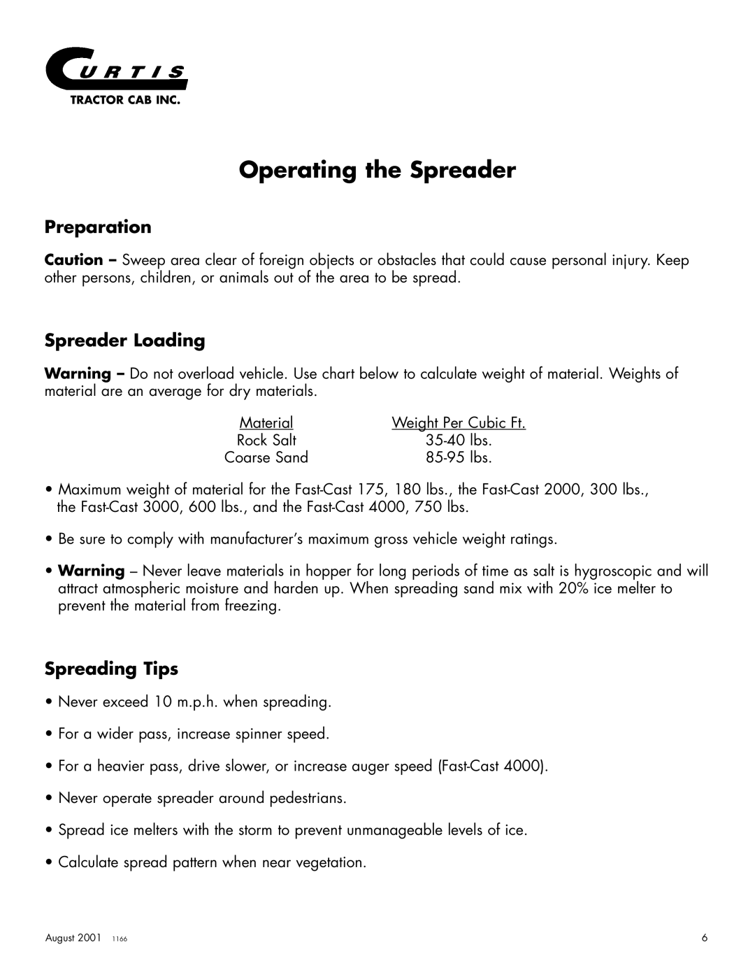 Curtis 4000, 3000, 175, 2000 owner manual Operating the Spreader, Preparation Spreader Loading 