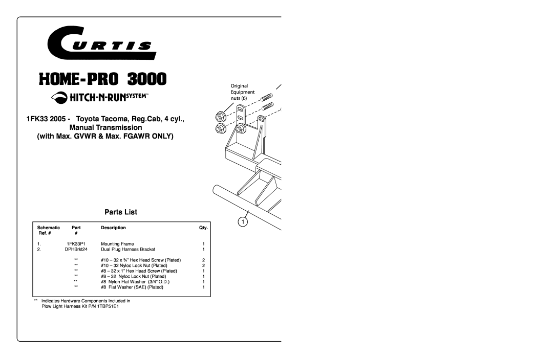 Curtis 3000 with Max. GVWR & Max. FGAWR ONLY Parts List, Original Equipment nuts, Schematic, Description, Ref. # 