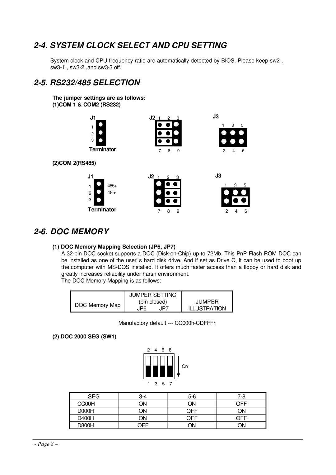 Curtis AR-B1682 System Clock Select and CPU Setting, DOC Memory Mapping Selection JP6, JP7, DOC 2000 SEG SW1 