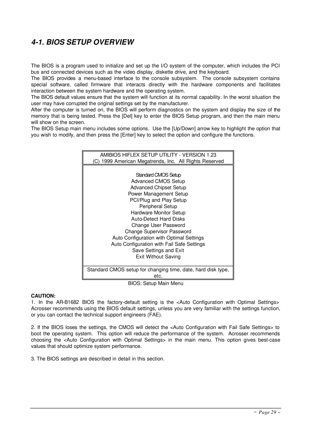 Curtis AR-B1682 operation manual Bios Setup Overview, Amibios Hiflex Setup Utility Version 