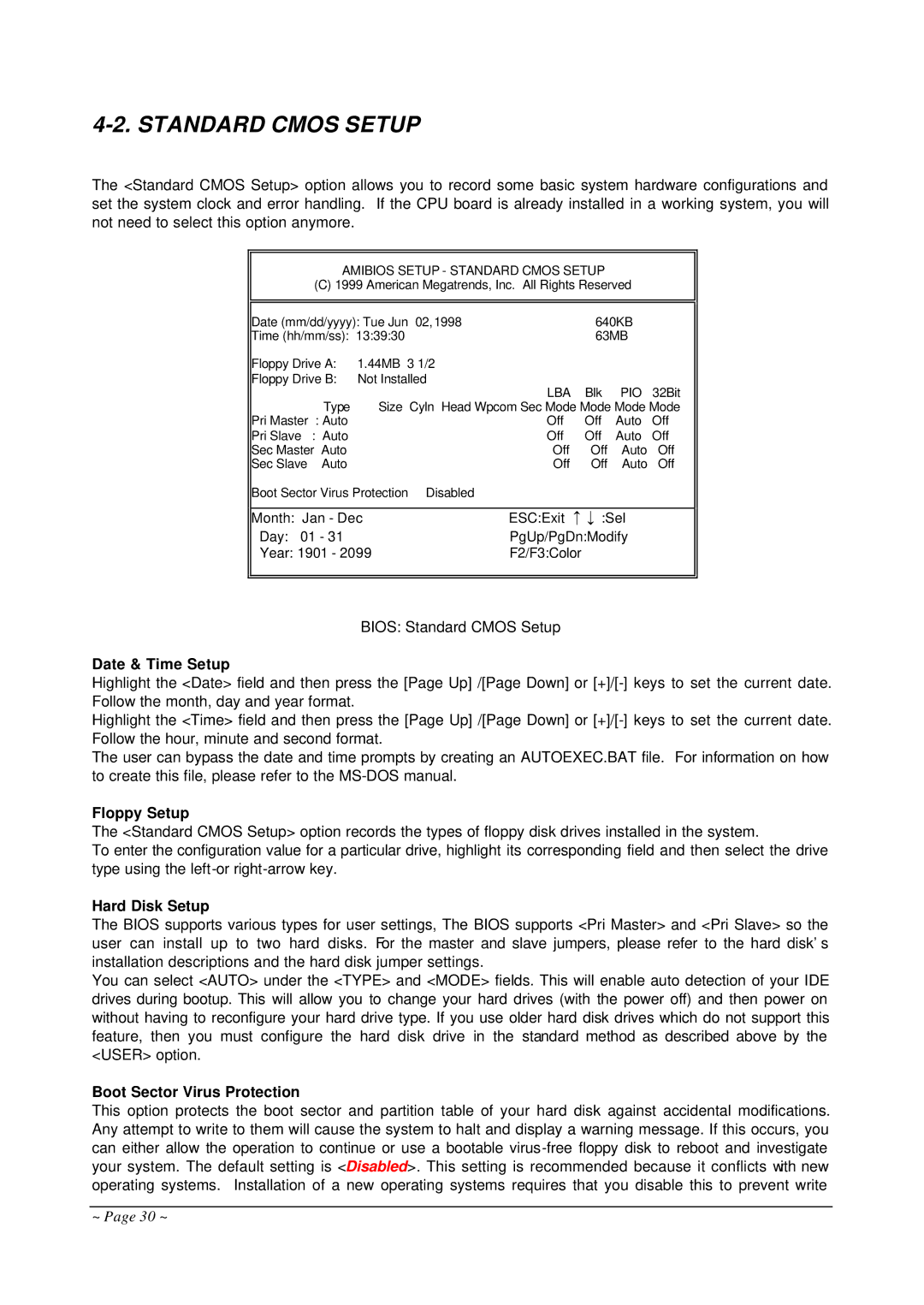 Curtis AR-B1682 Standard Cmos Setup, Date & Time Setup, Floppy Setup, Hard Disk Setup, Boot Sector Virus Protection 