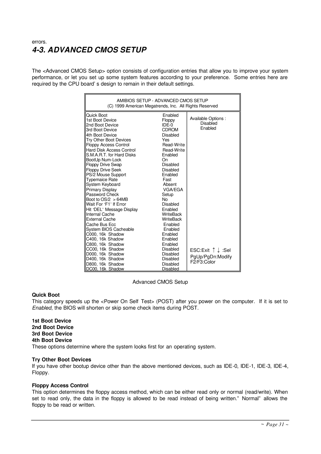 Curtis AR-B1682 operation manual Advanced Cmos Setup, Quick Boot, Try Other Boot Devices, Floppy Access Control 