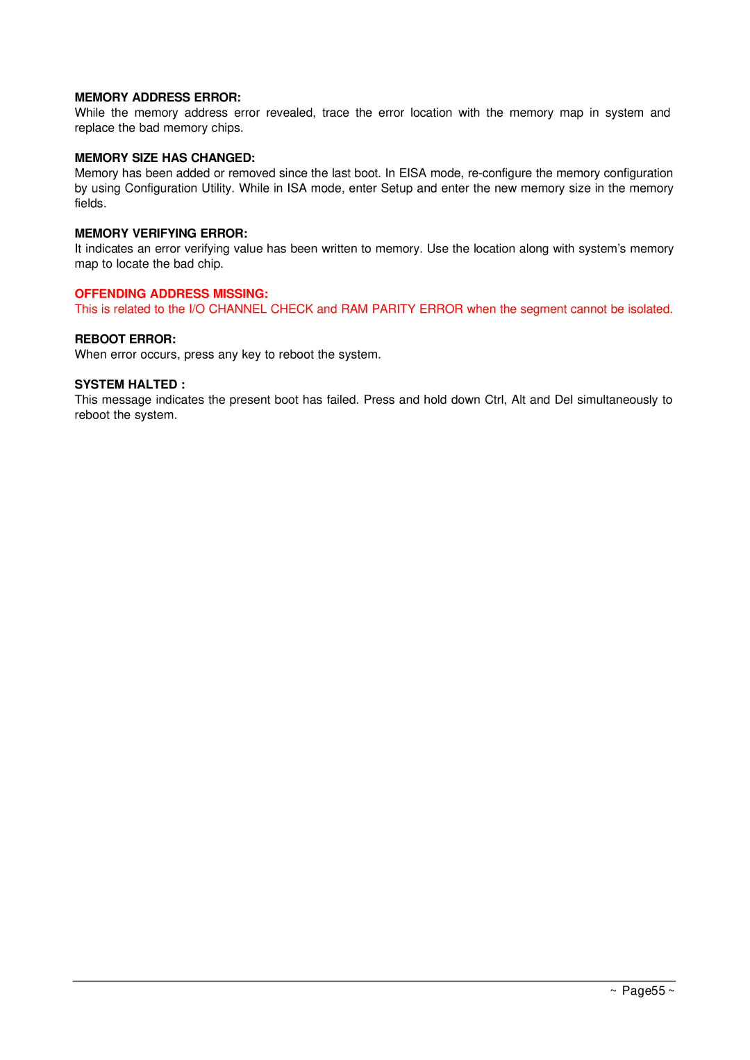 Curtis AR-B1682 Memory Address Error, Memory Size has Changed, Memory Verifying Error, Reboot Error, System Halted 