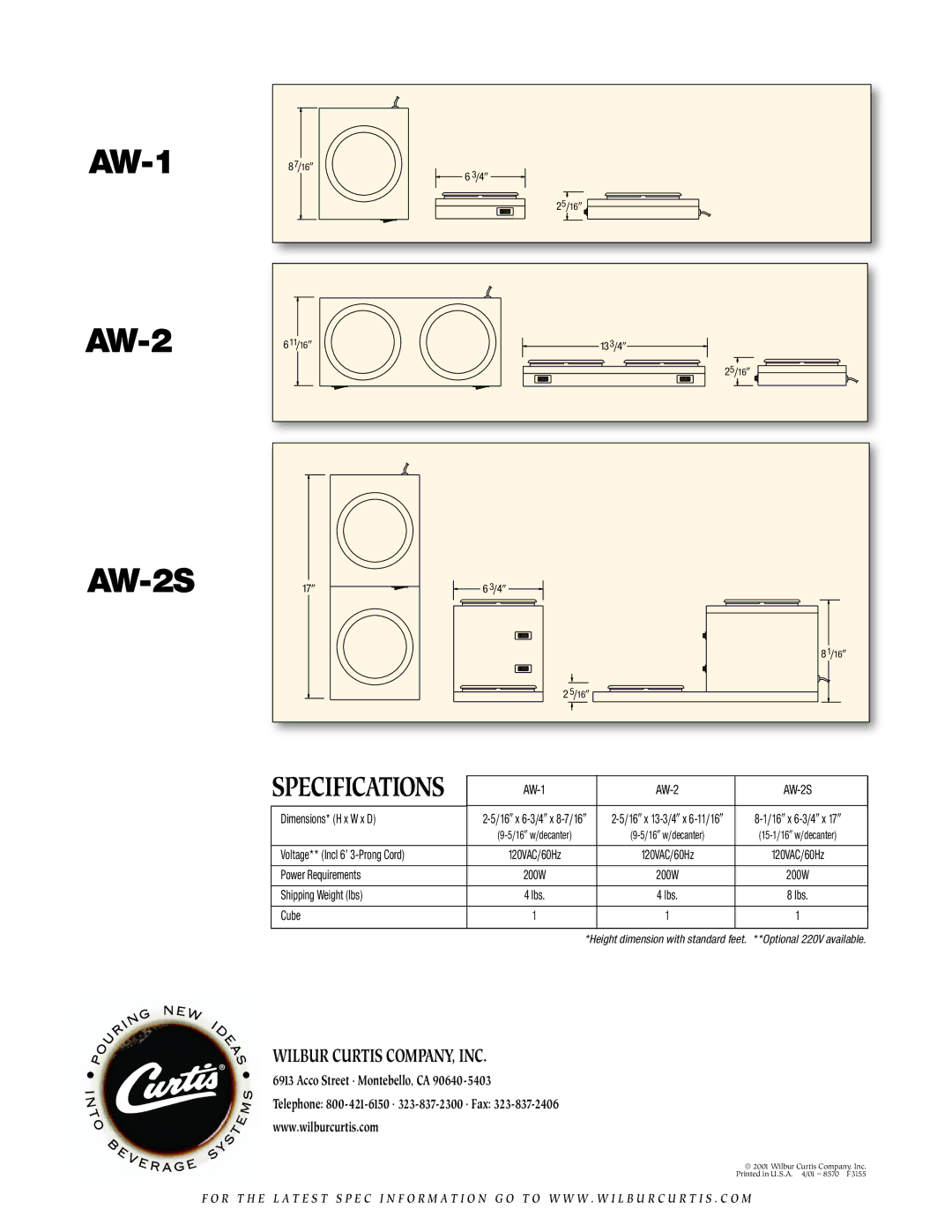 Curtis AW-2S, AW- 2 manual AW-1, Specifications, Wilbur Curtis COMPANY, INC 