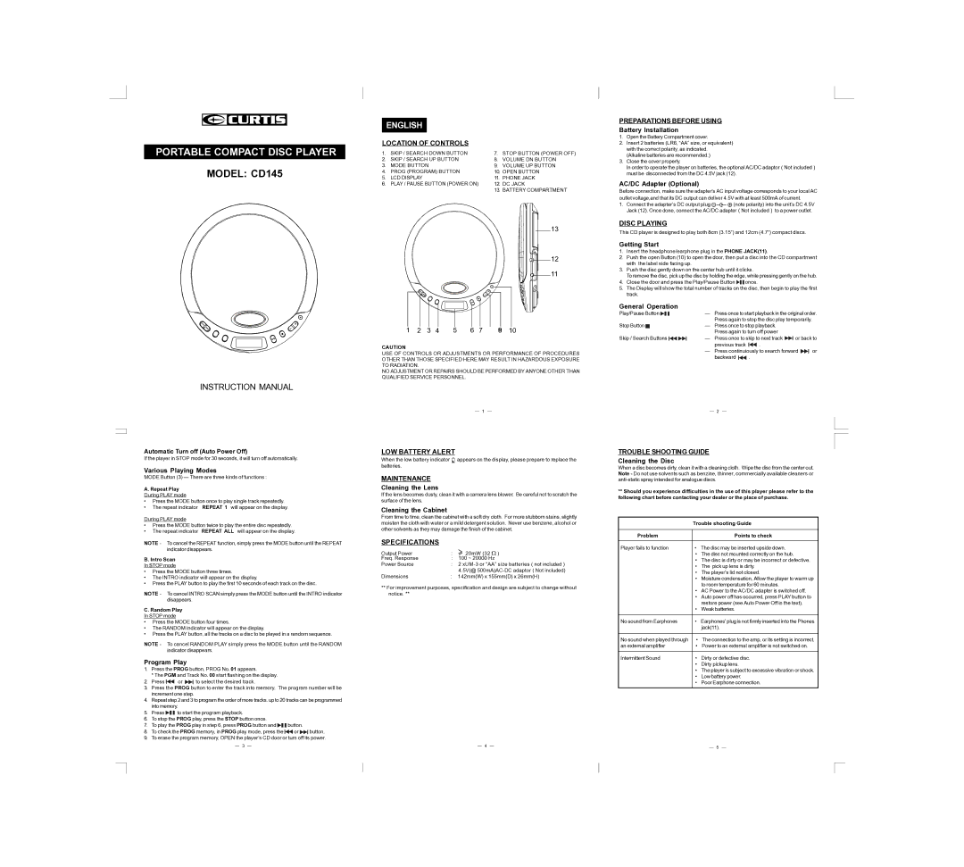 Curtis CD145 instruction manual Location of Controls, Preparations Before Using, Disc Playing, LOW Battery Alert 