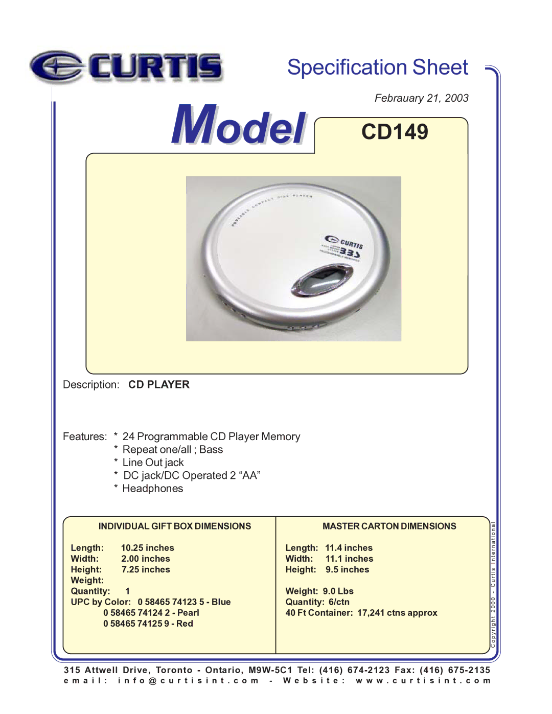 Curtis specifications Model CD149, Place Image Here, Individual Gift BOX Dimensions, Master Carton Dimensions 