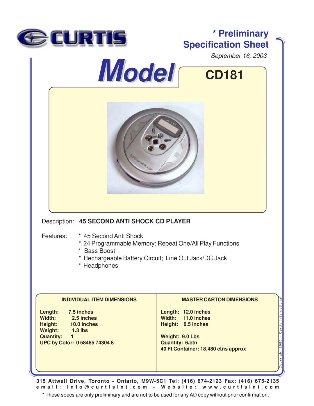 Curtis specifications Model CD181, Description 45 Second Anti Shock CD Player, Individual Item Dimensions 