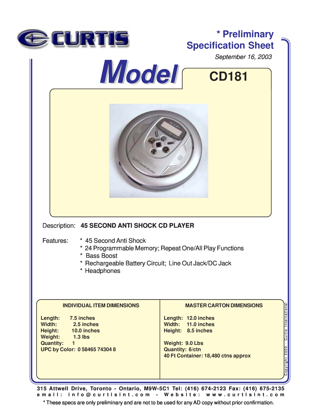 Curtis specifications Model CD181, Specification Sheet, Preliminary, September 