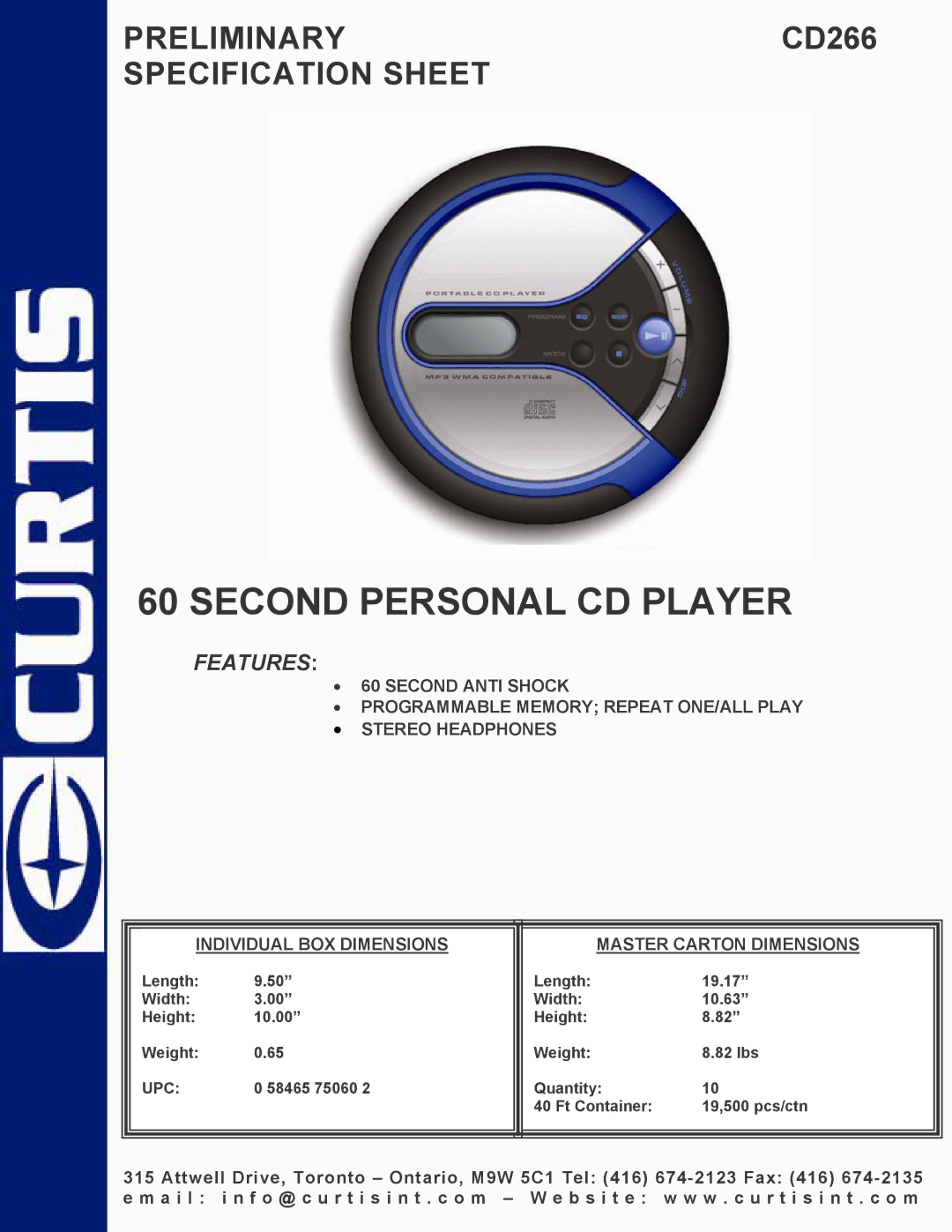 Curtis CD226 specifications Second Personal CD Player, Features 