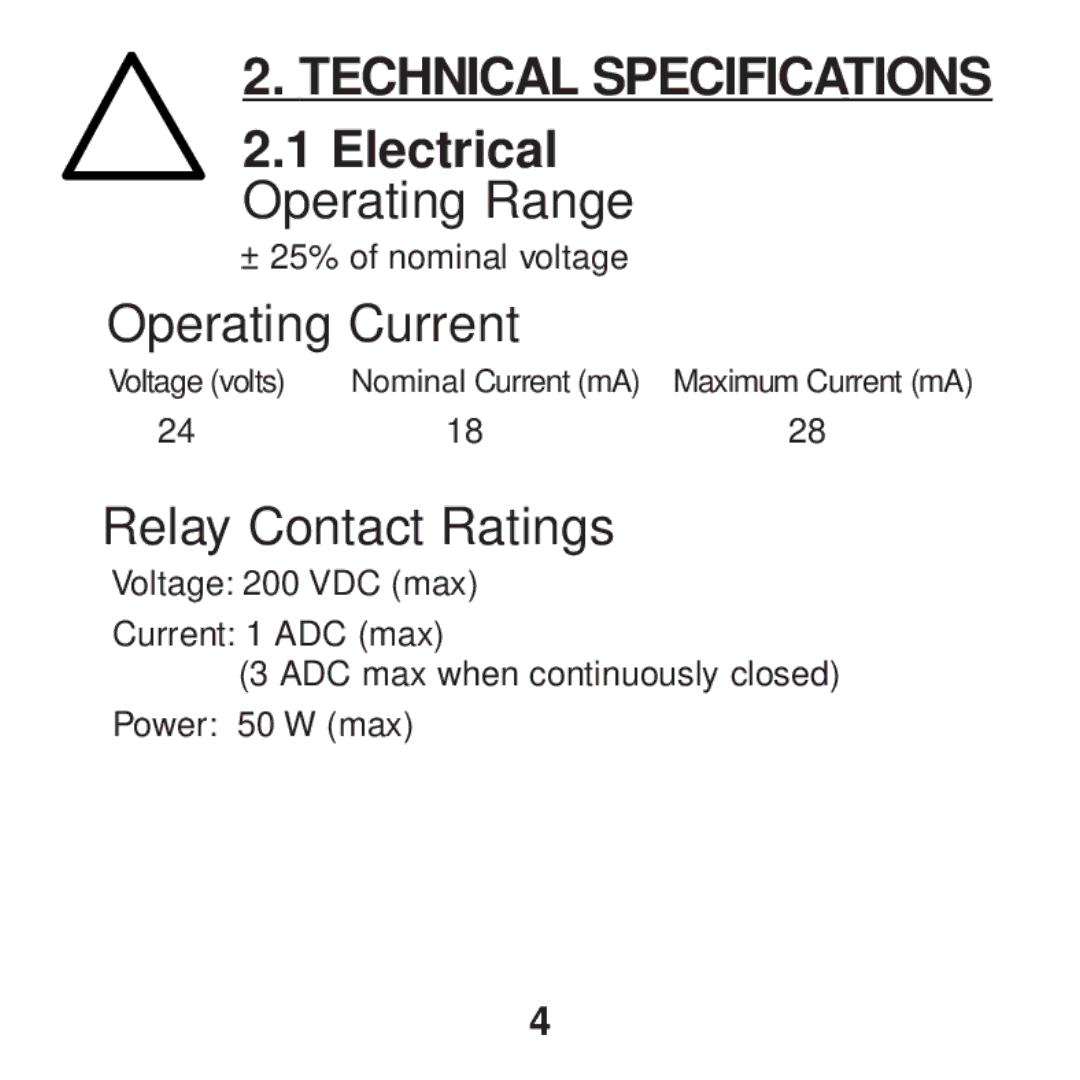 Curtis Computer 833 manual Technical Specifications, Electrical Operating Range, Operating Current, Relay Contact Ratings 