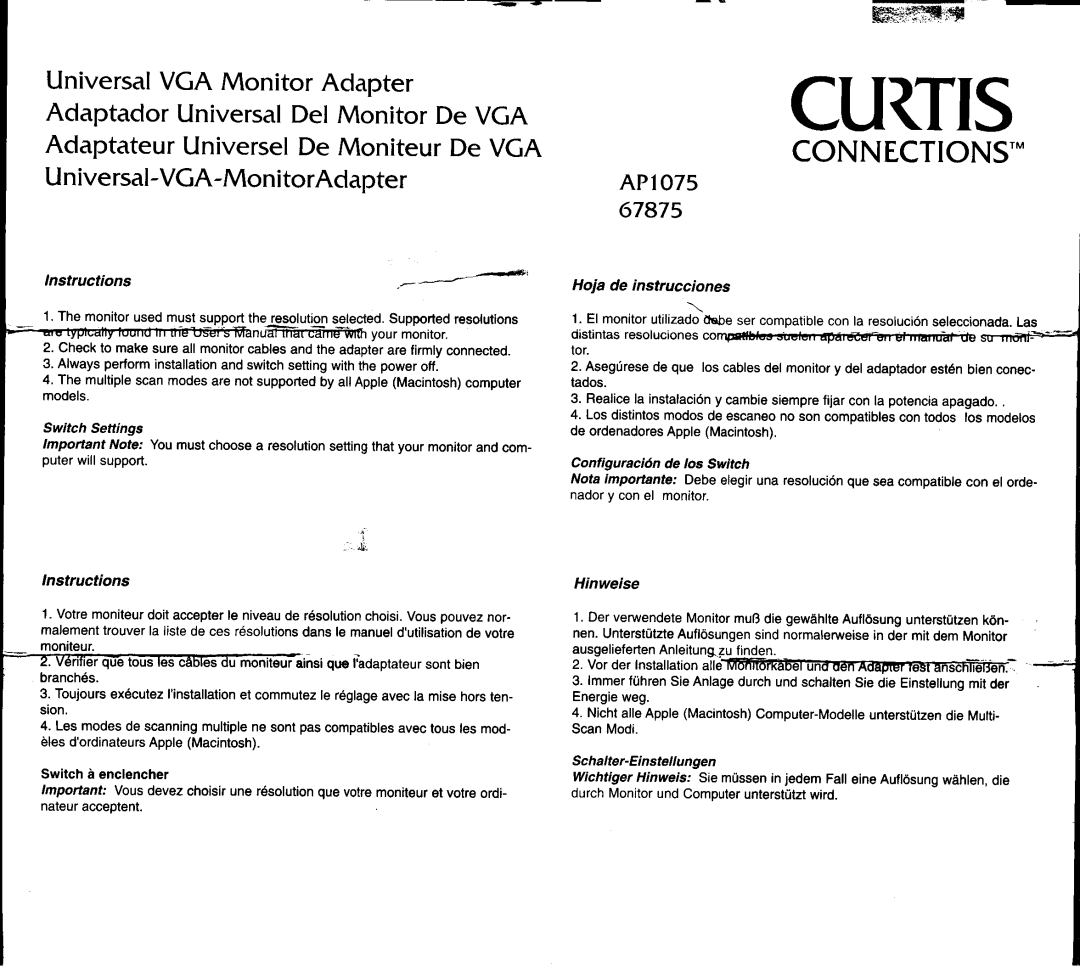 Curtis Computer AP1075 manuel dutilisation Instructions Hoja de instrucciones, Configuraci6nde los Switch, Hinweise 