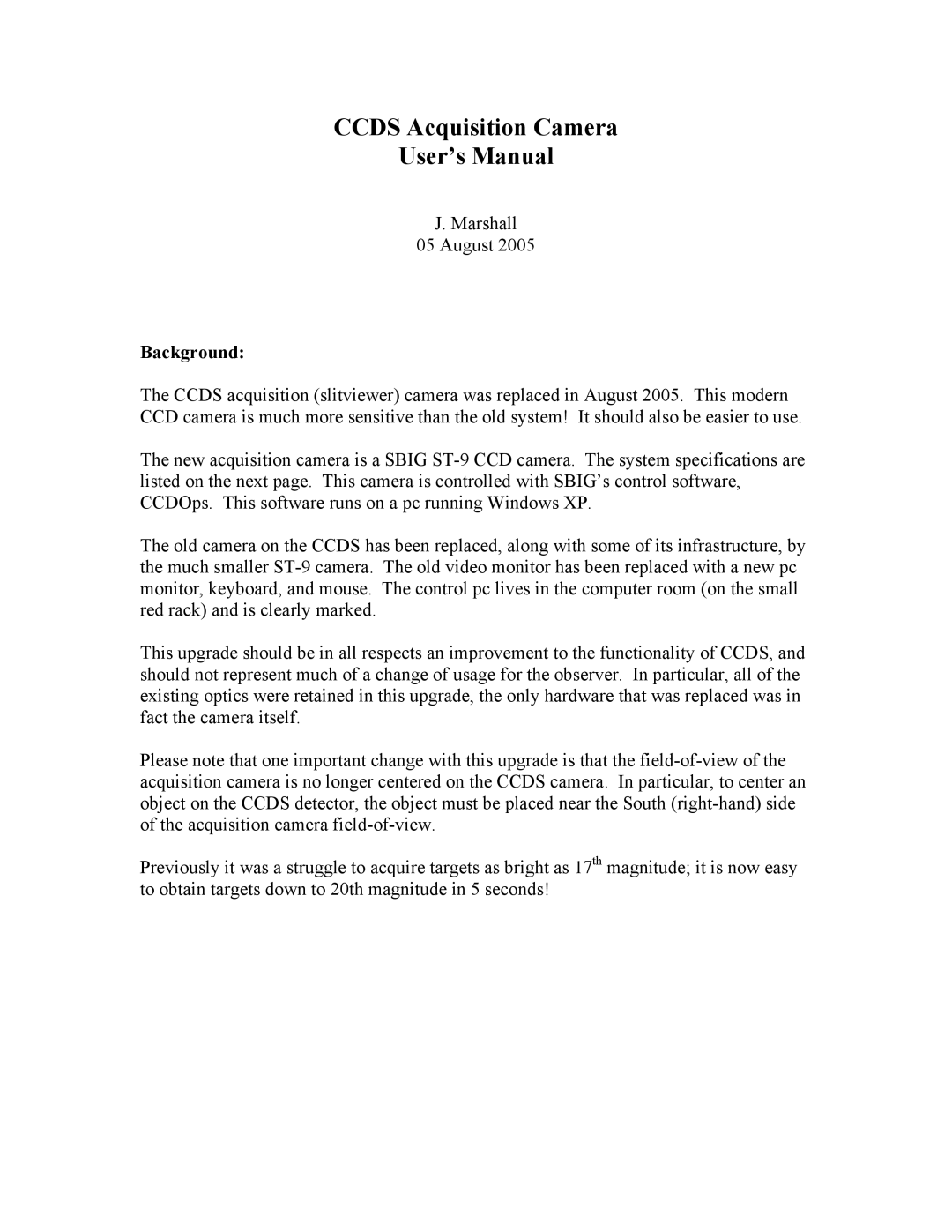 Curtis Computer CCDS user manual Ccds Acquisition Camera User’s Manual 