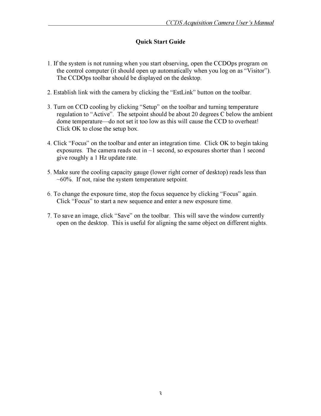 Curtis Computer CCDS user manual Ccds Acquisition Camera User’s Manual 