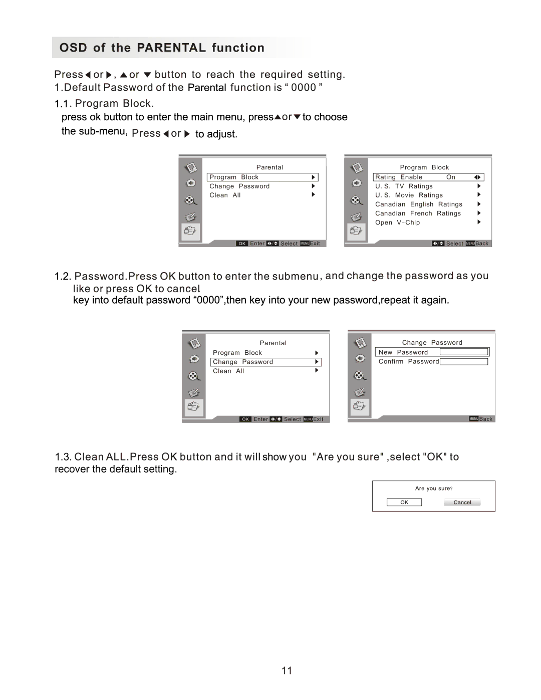 Curtis Computer LCD1701A manual OSD of the Parental function 