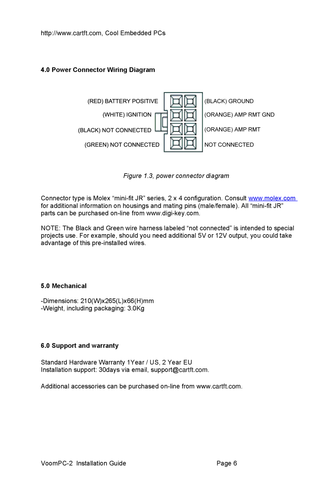 Curtis Computer VoomPC-2 manual Power Connector Wiring Diagram, Mechanical, Support and warranty 