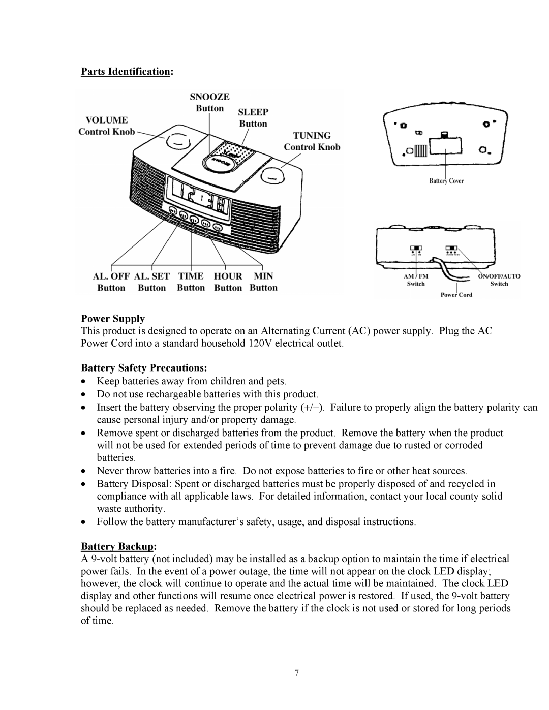 Curtis CR1336 manual Parts Identification Power Supply, Battery Safety Precautions, Battery Backup 