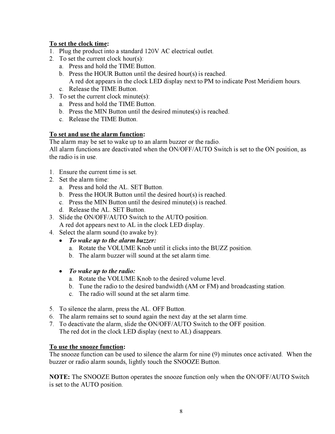 Curtis CR1336 manual To set the clock time, To set and use the alarm function, To use the snooze function 