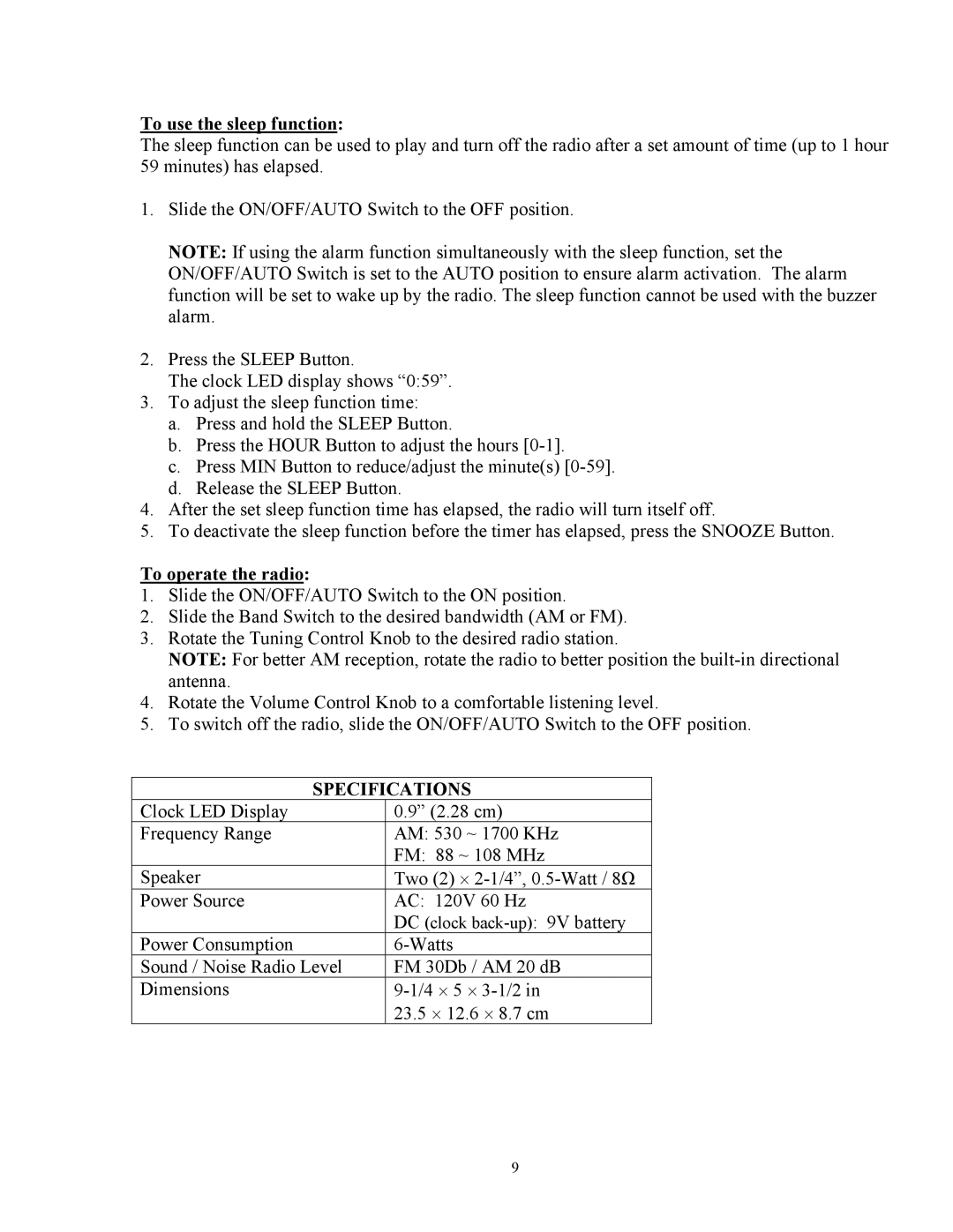 Curtis CR1336 manual To use the sleep function, To operate the radio 