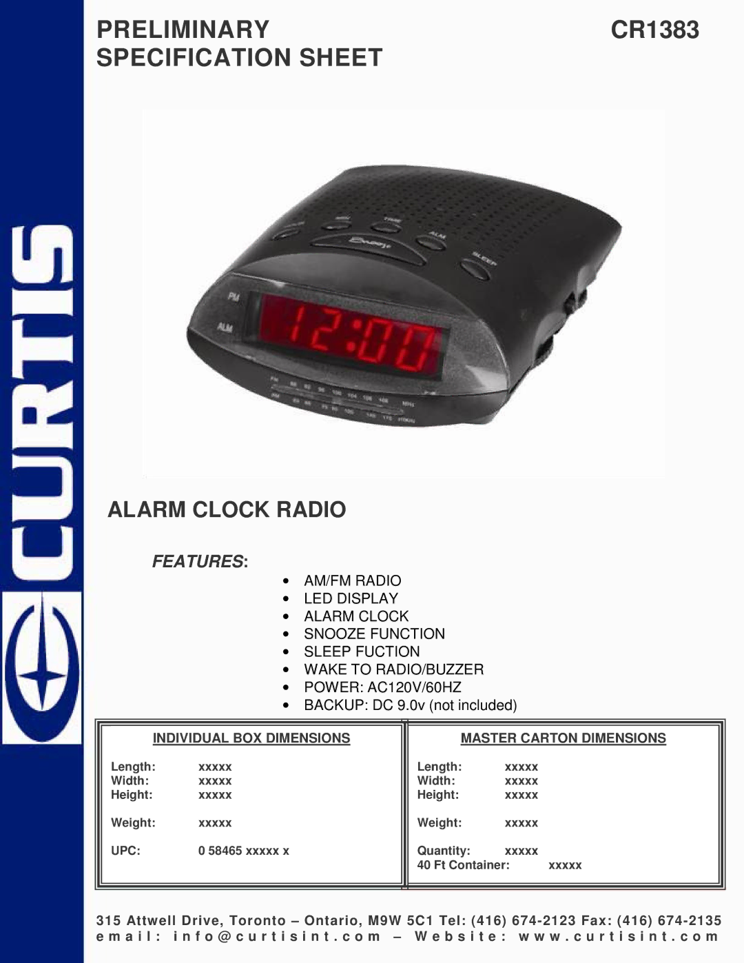 Curtis specifications PRELIMINARYCR1383 Specification Sheet, Alarm Clock Radio, Features 