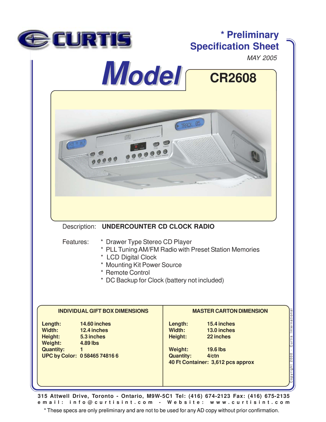 Curtis specifications Model CR2608, Description Undercounter CD Clock Radio, Individual Gift BOX Dimensions 