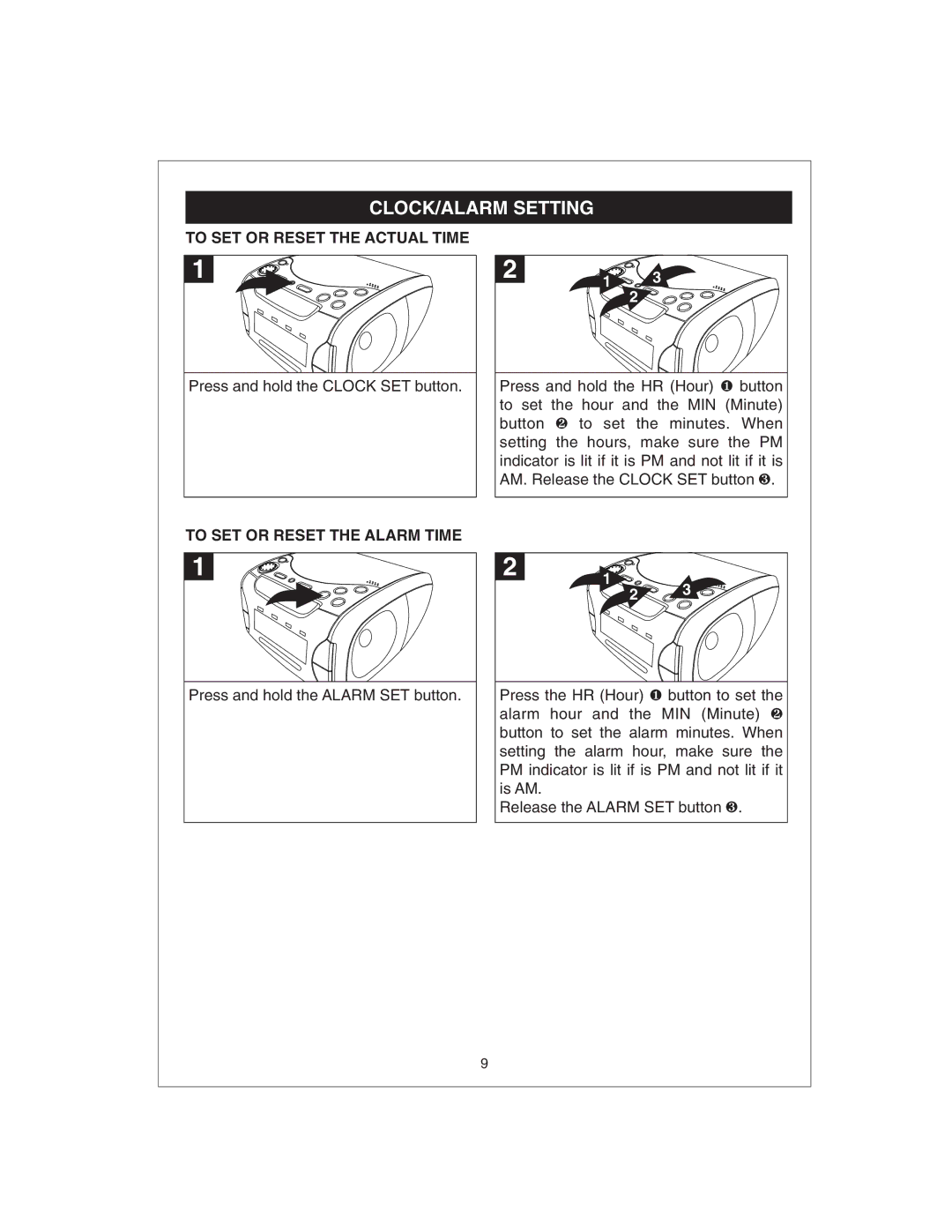 Curtis CR4975 owner manual CLOCK/ALARM Setting, To SET or Reset the Actual Time, To SET or Reset the Alarm Time 