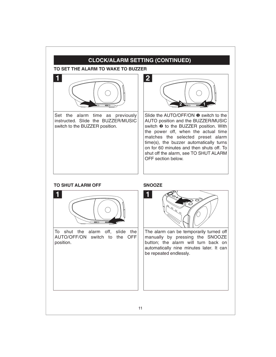 Curtis CR4975 owner manual To SET the Alarm to Wake to Buzzer, To Shut Alarm OFF, Snooze 