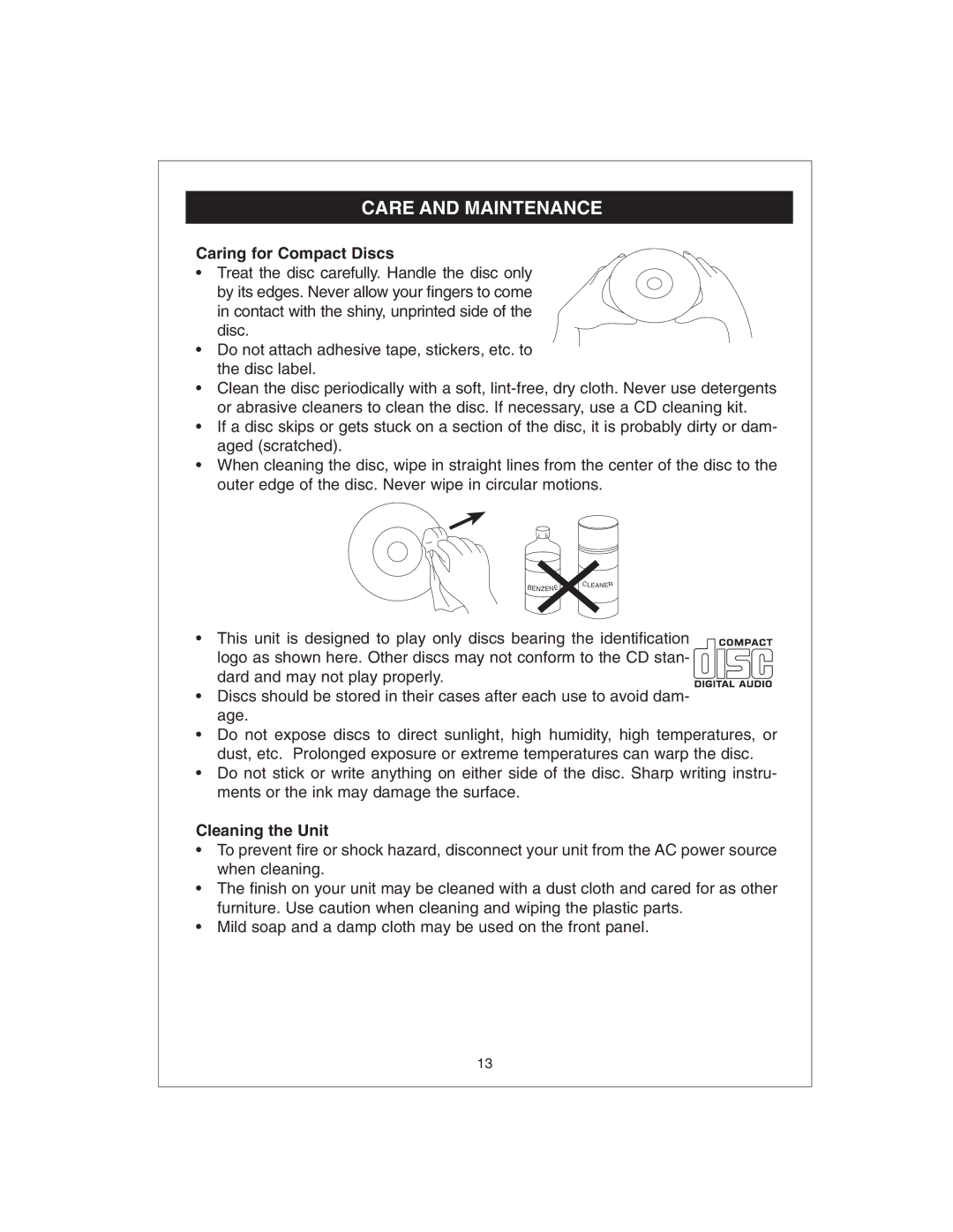 Curtis CR4975 owner manual Care and Maintenance, Caring for Compact Discs 